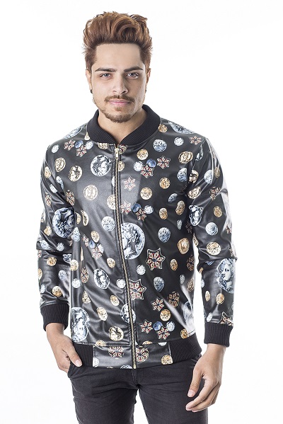Men London Coin Printed Leather Jacket